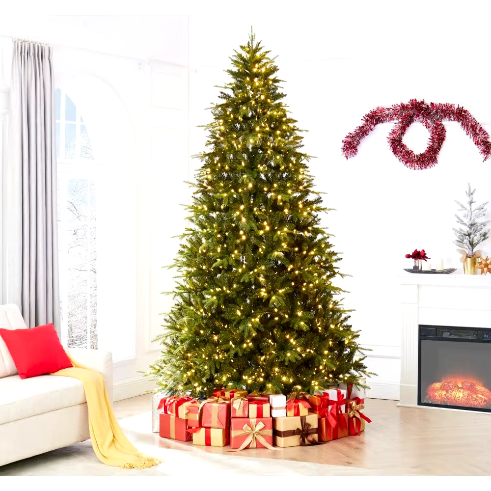 9Ft Christmas Tree with Lights, Realistic Fir Christmas Tree Prelit with 2532 Branch Tips, 900 Warm Lights and Metal Stand