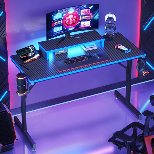 42" Gaming Desk PC Computer Table with LED Lights & Monitor Stand & Hook & Cup Holder in Blue