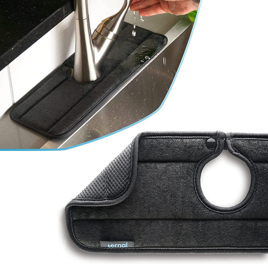 Sinkmat for Kitchen Faucet, Original Design, Absorbent Microfiber Fabric, Machine Washable Splash Guard & Drip Catcher for around Faucet Handle [Black, Standard, 1 Pack]