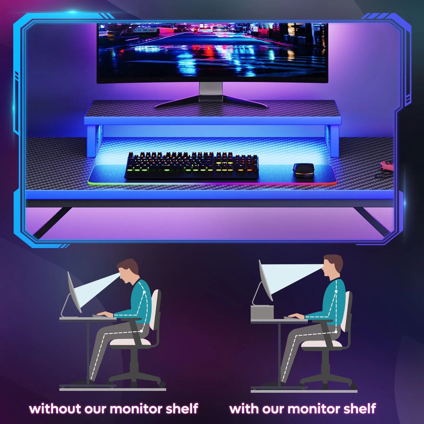 42" Gaming Desk PC Computer Table with LED Lights & Monitor Stand & Hook & Cup Holder in Blue